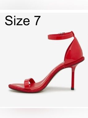 Red Rhinestone High Heels Red Evening Sandal 7 Date 3 1/2” flared heel